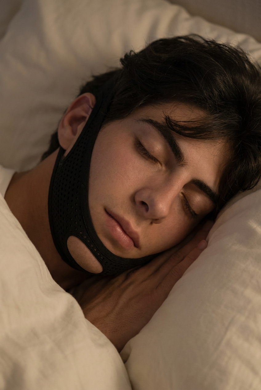 Man sleeping peacefully wearing the Genion strap