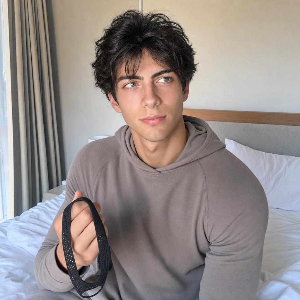 Man awake and rested holding the Genion strap